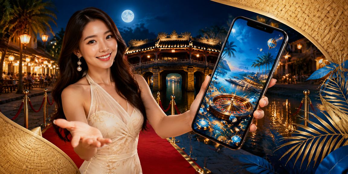 Người dùng tại phố cổ Hội An chơi casino trực tuyến và theo dõi giao dịch thanh toán trên điện thoại