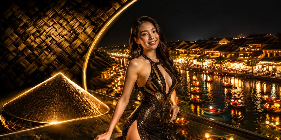 Người dùng tại Hội An tham gia trò chơi slot trực tuyến với trang phục truyền thống nón lá